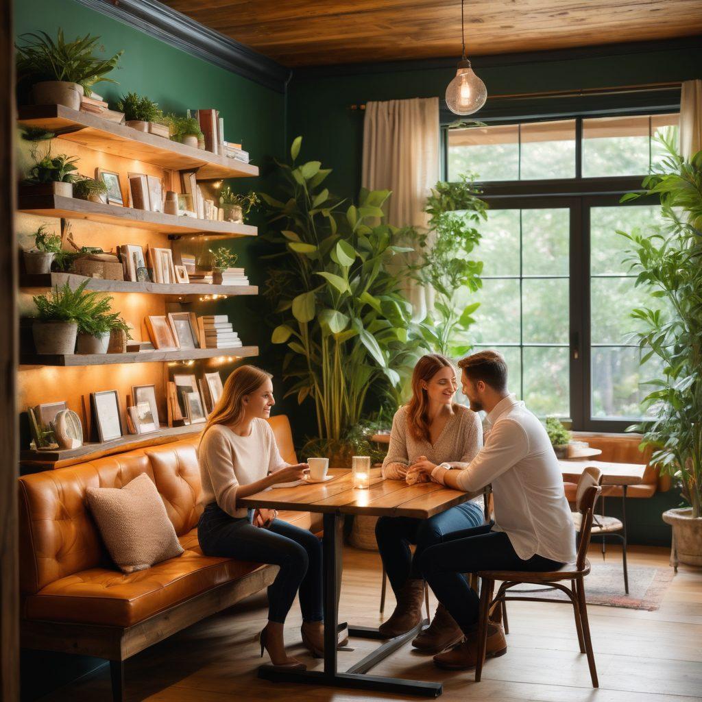 A warm, inviting coffee shop setting featuring a diverse couple engaged in deep conversation, surrounded by books and plants, symbolizing connection and romance. Soft, ambient lighting enhances the mood, with subtle visual cues like hearts and sparkles in the background. Illustrate a blend of cozy and modern aesthetics, emphasizing attractiveness and emotional connection. vibrant colors. painting.