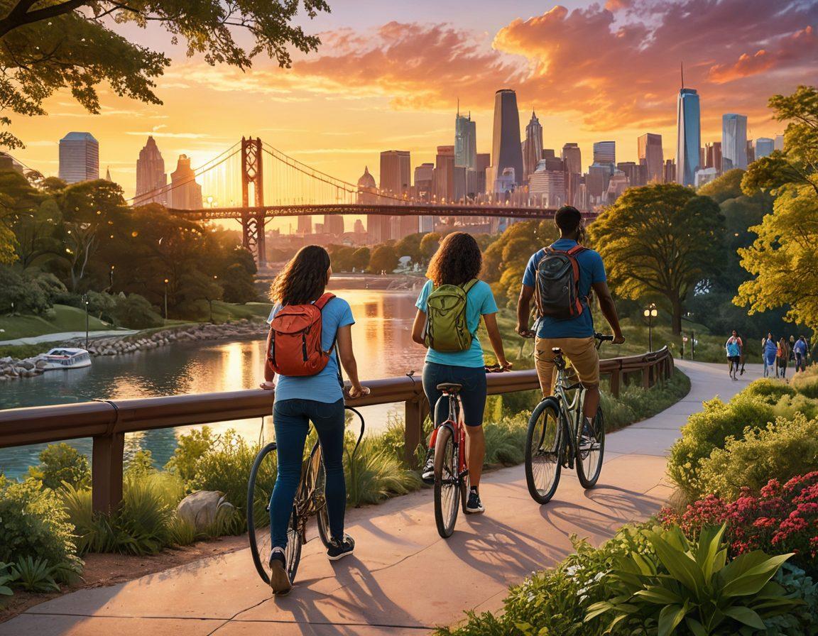A vibrant, lively scene depicting diverse young couples engaged in adventurous activities like hiking, biking, and exploring a bustling city. The background should showcase iconic landmarks and a sunset sky, symbolizing romance and exploration. Include elements representing modern dating trends like smartphones and social media. Emphasize emotions like laughter and connection. super-realistic. vibrant colors. 3D.